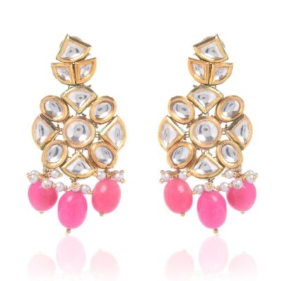 Royal Indian Beaded Earrings Featuring Dangling Pink Stones And Kundan Arranged In Floral Motif