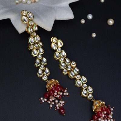 Dabi Kundan Earring With Maroon Red Meena and Beads