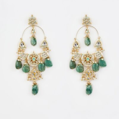 Gold Finish Green Kundan Polki & Pearl Jhumka Earrings