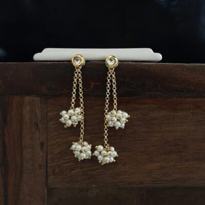 Gold Finish Pearl & Kundan Polki Dangler Earrings