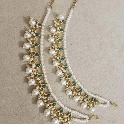 Green Kundan And Pearl Beaded Ear Chain