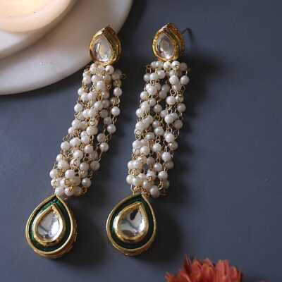 Gold Plated Kundan Polki & Pearl Dangler Earrings
