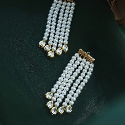 Gold Finish Pearl & Kundan Polki Dangler Earrings
