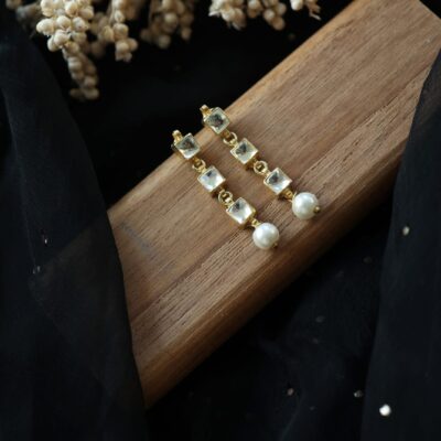 Gold Plated Kundan Ditsy Quad Embellished Pearl Drop Earrings