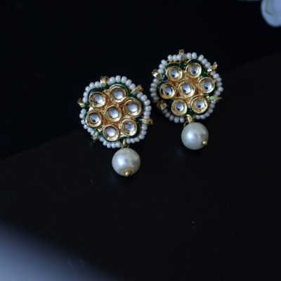 Gold Plated Pearls, Gota Patti Kundan And Shell Embellished Floral Earrings