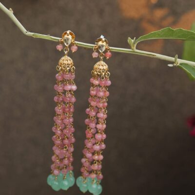 Gold Plated Kundan Polki & Pink Onyx Jhumka Earrings