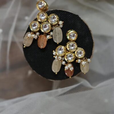 Gold Plated Kundan Clover Blossom Embellished Earrings