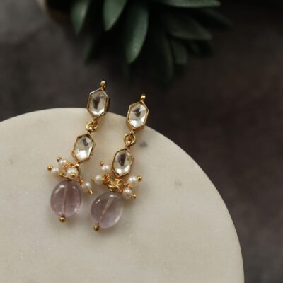 Gold Plated Kundan Polki & Stone Dangler Earrings