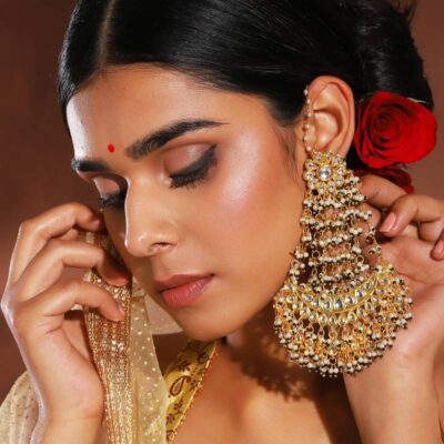 Chandelier Earrings With Pearl Detailing And Ear Chain