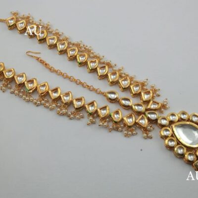Gold Finish Kundan Polki & Pearl Mathapatti