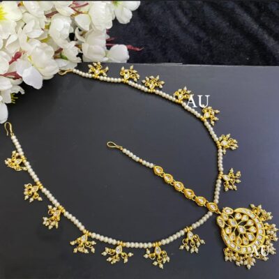Gold Finish Kundan Polki & Pearl Mathapatti