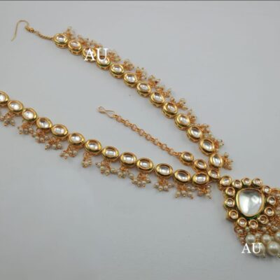 Gold Finish Kundan Polki & Pearl Mathapatti