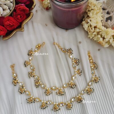 Gold Finish Kundan Polki & Green Beaded Anklets (Set Of 2)