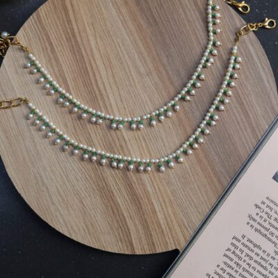 Gold Plated Green Onyx & Seed Pearl Anklets (Set of 2)