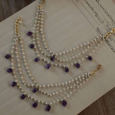 Purple Pearl Multi Layered And Onyx Anklets Set Of 2