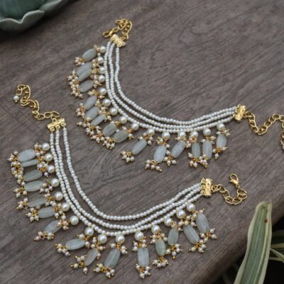 Multi-layered Pearl Anklet: Pastel Mint Stone Beaded Paya