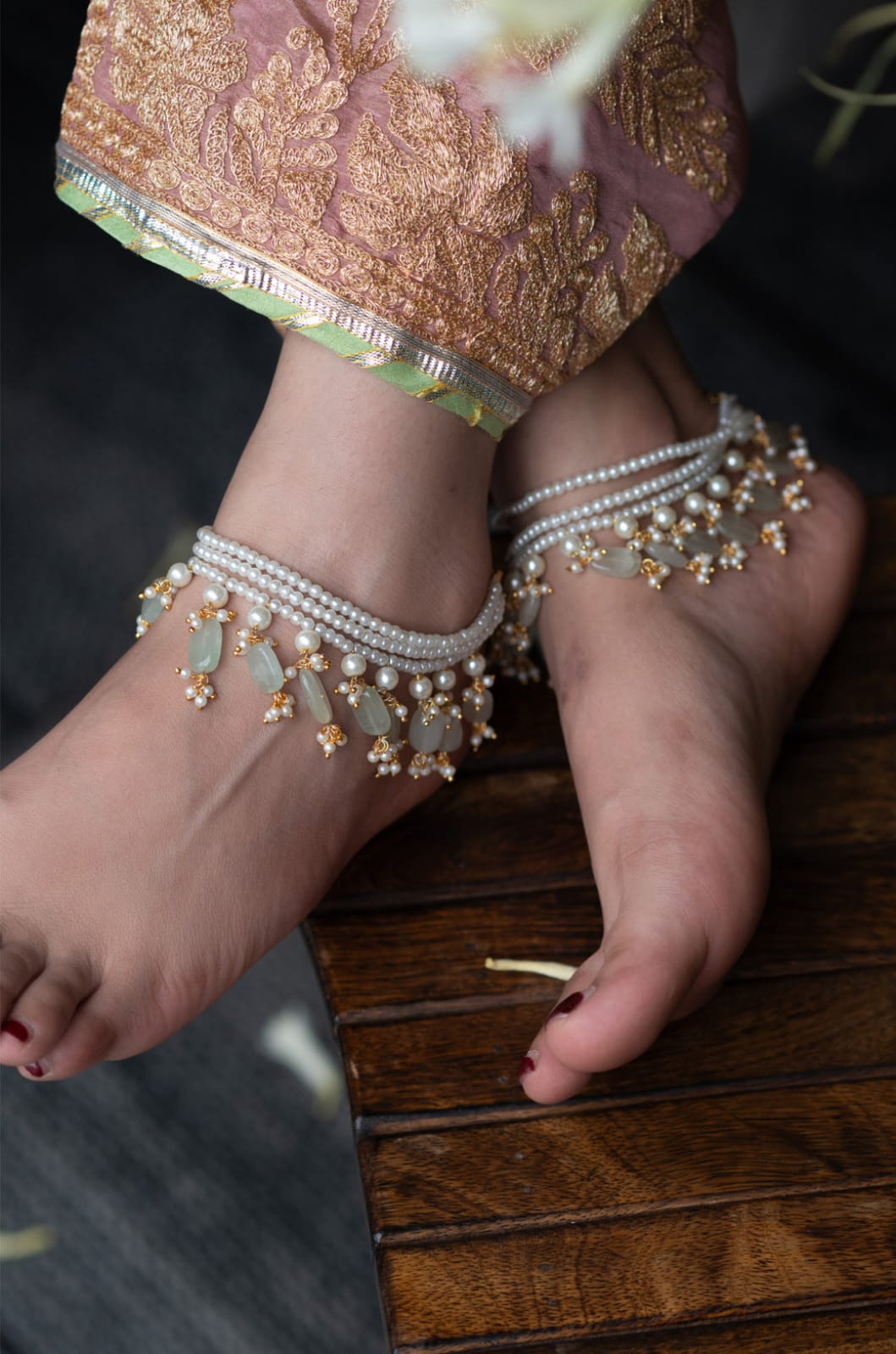 Multi-layered Pearl Anklet: Pastel Mint Stone Beaded Paya - Image 2
