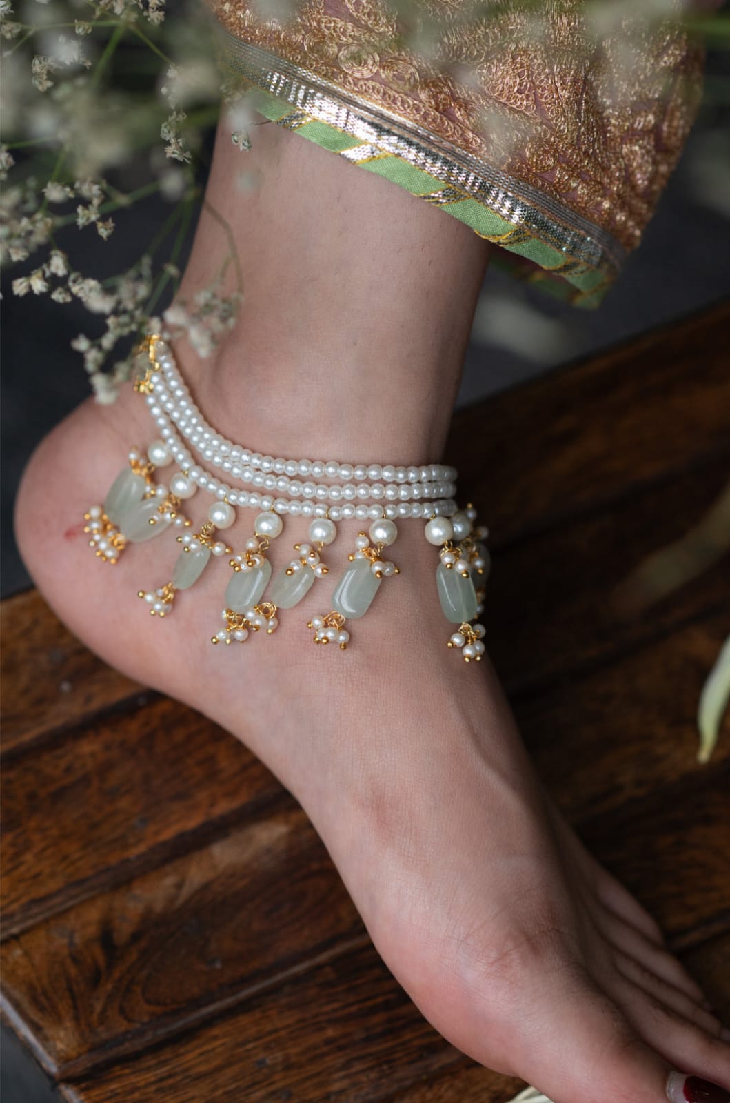 Multi-layered Pearl Anklet: Pastel Mint Stone Beaded Paya - Image 3