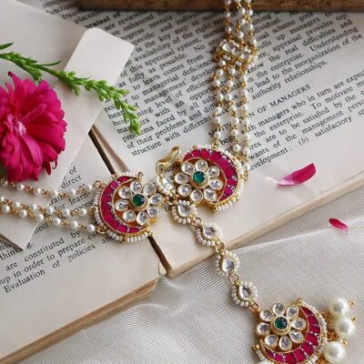Pearl And Kundan Pink Bridal Sheesh Phool Teeka