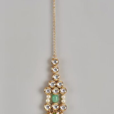 Gold Finish Kundan Polki & Pearl Maangtikka