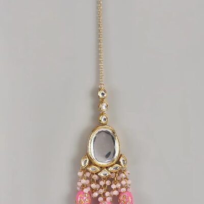 Gold Finish Kundan Polki & Pink Meenakari Drop Maangtikka