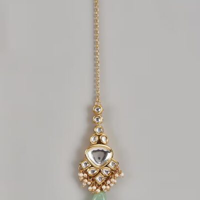 Gold Finish Kundan Polki & Mint Beaded Maangtikka