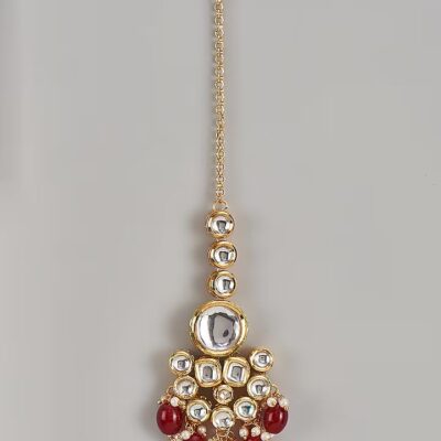 Gold Finish Kundan Polki & Red Beaded Maangtikka