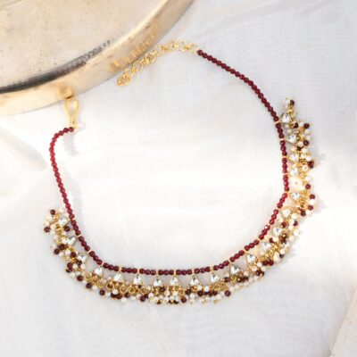 White and Maroon Colour Gold Plated Jadau Kundan Necklace