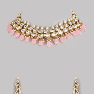 Gold Finish Kundan Polki & Pink Stone Choker Necklace Set