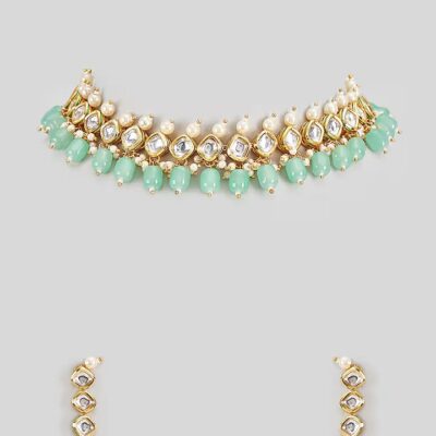 Gold Finish Kundan Polki & Mint Stone Choker Necklace Set