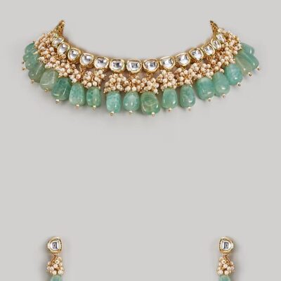 Gold Finish Kundan Polki & Mint Stone Choker Necklace Set