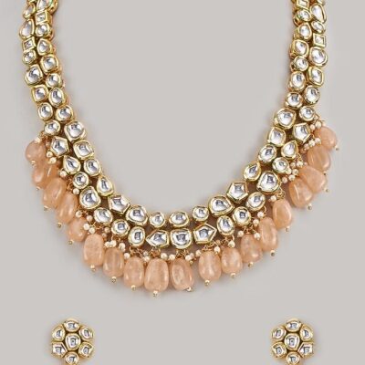 Gold Finish Kundan Polki & Peach Stone Necklace Set
