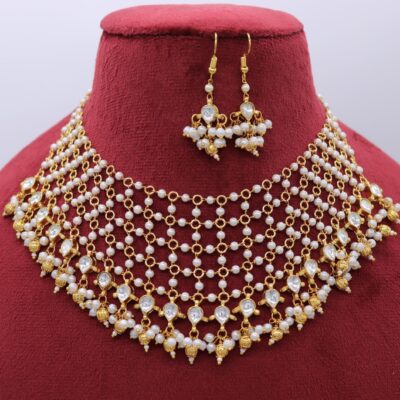 Gold Kundan Pearl Choker Necklace Set: Indian Jewelry