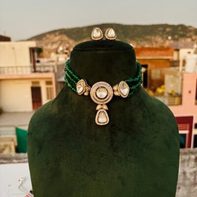 Emerald Green Kundan Necklace Set: Sabyasachi Style Polki, Wedding Jewelry
