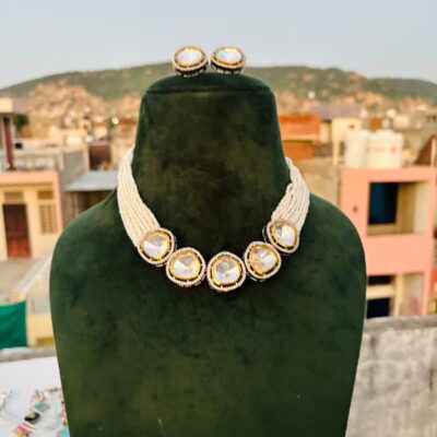 Silver Polki Necklace With Earrings