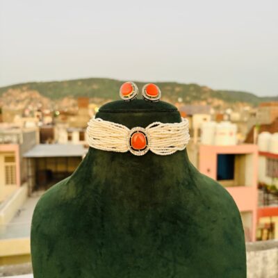Orange Stone Pearl Choker Set