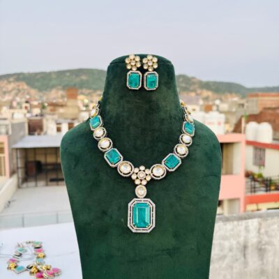 Turquoise Green Kundan Necklace Set: Sabyasachi Style Polki, Wedding Jewelry
