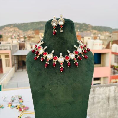 Polki Indian Bridal Jewelry Set, Red Necklace Earrings