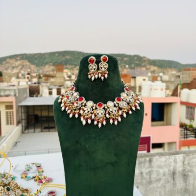 Polki Indian Bridal Jewelry Set, Red Necklace Earrings
