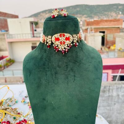 Polki Indian Bridal Jewelry Set, Red Necklace Earrings