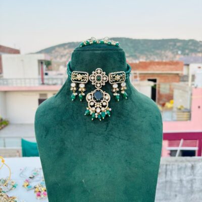 Emerald Green Kundan Necklace Set: Sabyasachi Style Polki, Wedding Jewelry