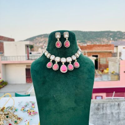 Silver/Pink Polki Necklace with Earrings