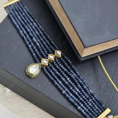 Navy blue beaded choker with kundan centerpiece