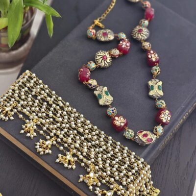 Celestia Red Handpainted Quartz Necklace & Pearl Choker Combo Set