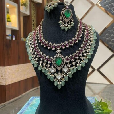 Moissanite Kundan Necklace Set: AD Stones & Mint Pearls, Indian Bridal Jewelry