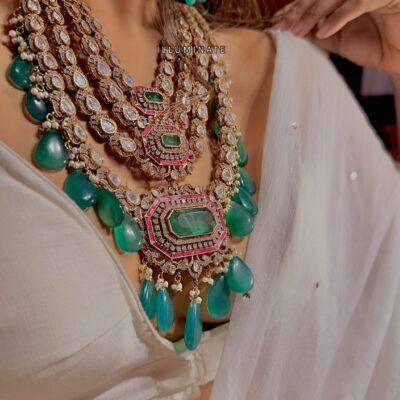 Moissanite Polki Necklace Set: 24K Gold Plated Kundan Bridal Jewelry