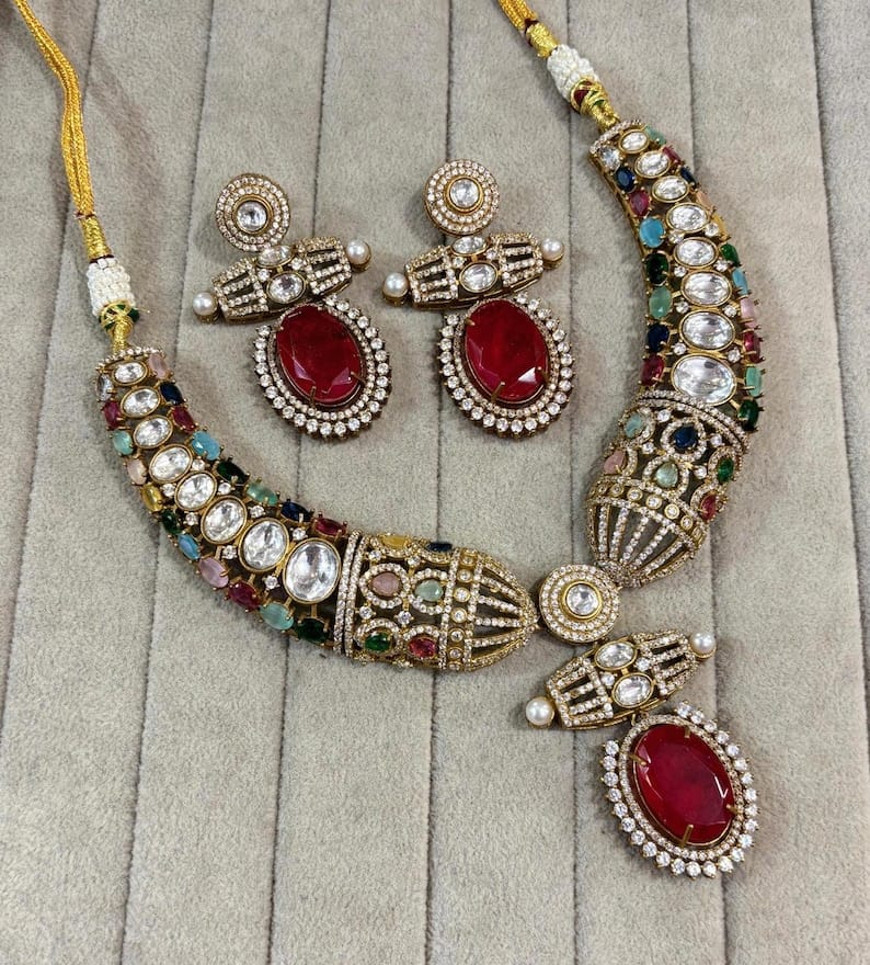 Kundan Moissanite Polki Necklace Set: Gold Finish Indian Wedding Jewelry - Image 7