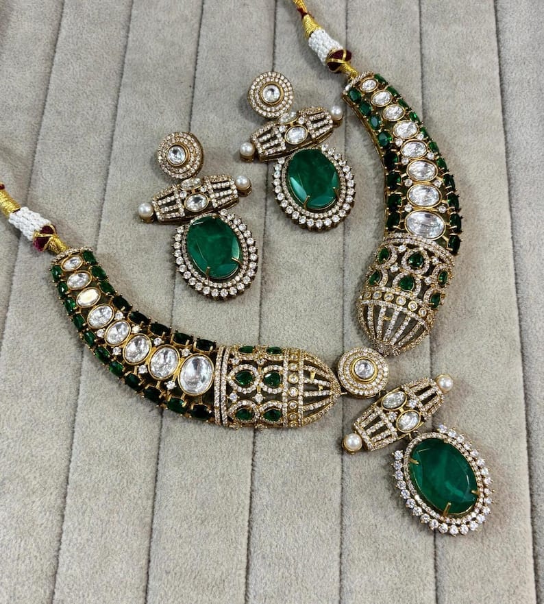 Kundan Moissanite Polki Necklace Set: Gold Finish Indian Wedding Jewelry - Image 6