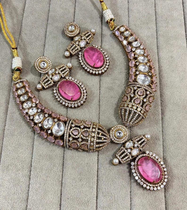 Kundan Moissanite Polki Necklace Set: Gold Finish Indian Wedding Jewelry - Image 5