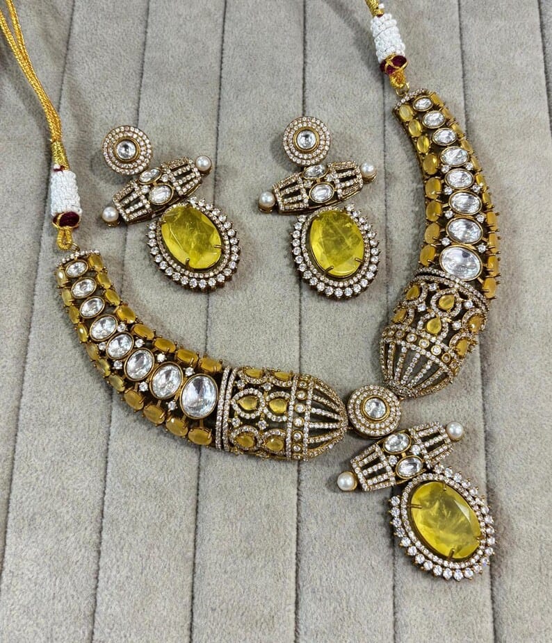Kundan Moissanite Polki Necklace Set: Gold Finish Indian Wedding Jewelry - Image 3
